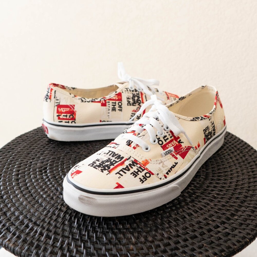 Vans Off The Wall Packing Tape Print Sneakers Mens 10.5 Cream Red Canvas Shoes - Picture 3 of 9